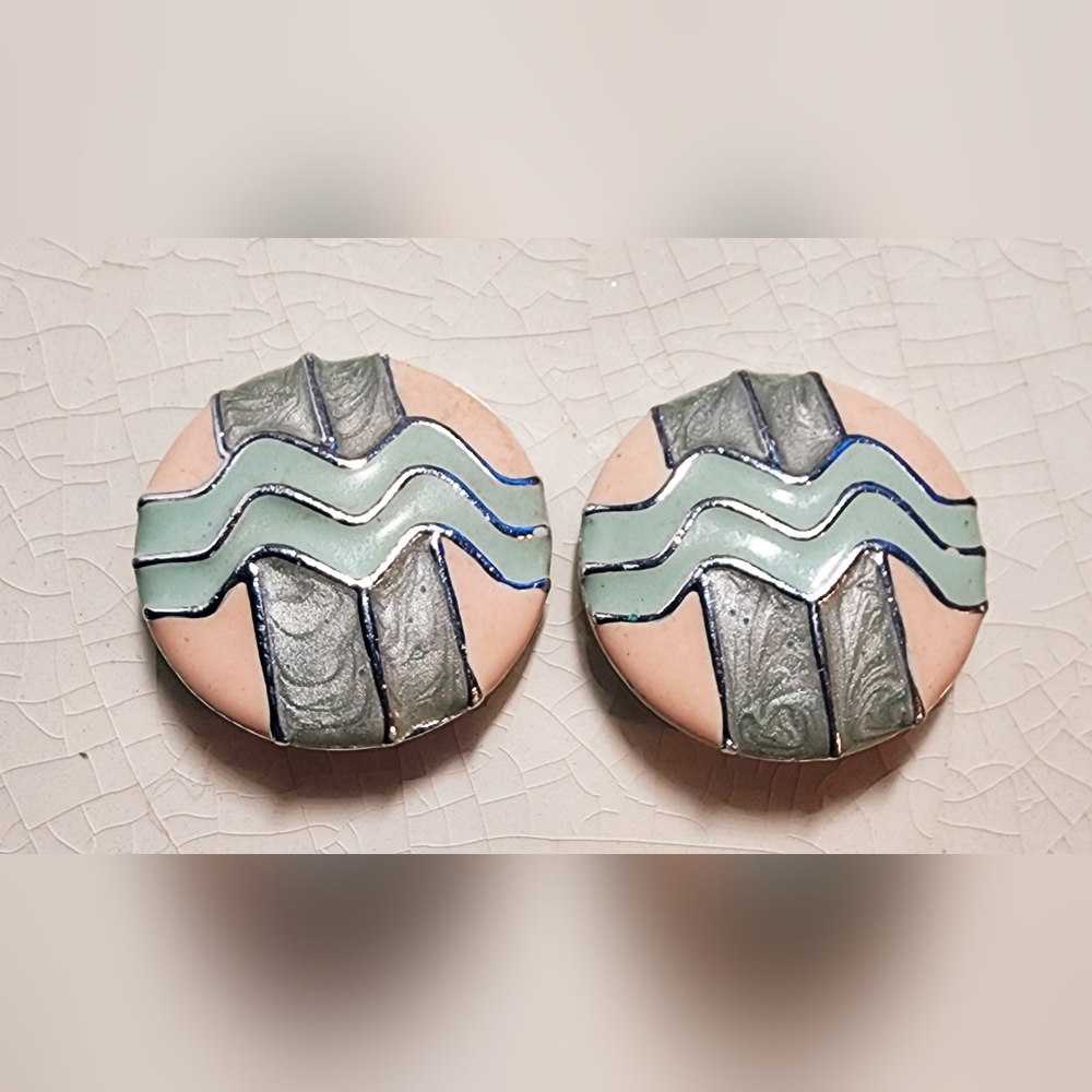 1980s pastel pink green cloisonne zigzag pattern clip on earrings